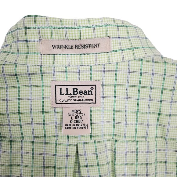 LL Bean Mens Sz L Shirt Wrinkle Resistant Button Down Collar Cotton Plaid Green - Picture 5 of 7